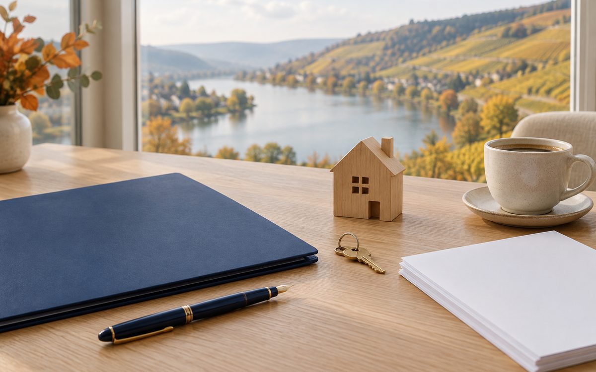 Schreibtisch mit blauer Mappe, Füller, Schlüssel und kleinem Holzhaus, im Hintergrund Weinberge an einem Fluss (KI-generiertes Bild)