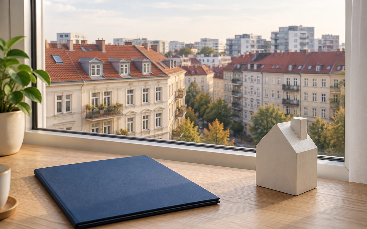 Blick aus einem Fenster auf Altbauten und neuere Wohnhäuser, davor eine blaue Mappe und ein Holzhaus auf dem Tisch (KI-generiertes Bild)